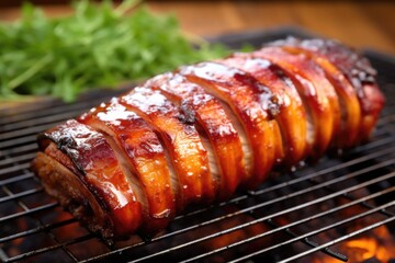 whole barbecued pork belly presented on a warming rack
