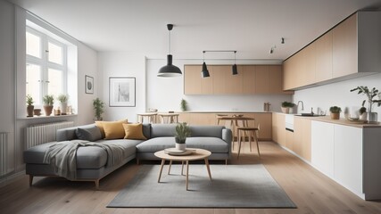 Studio apartment. Interior design of modern living room and kitchen, panorama