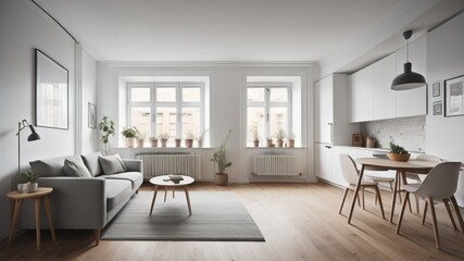 Studio apartment. Interior design of modern living room and kitchen, panorama