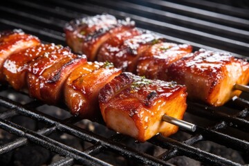 drizzle of glaze over barbecued pork belly on grill - obrazy, fototapety, plakaty