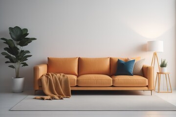 Single sofa with pillows and blanket against blank wall with copy space. Minimalist home interior design of modern living room