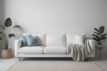 Single white sofa with pillows and blanket against blank wall with copy space. Minimalist home interior design of modern living room