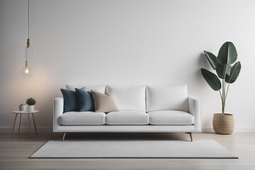 Single white sofa with pillows and blanket against blank wall with copy space. Minimalist home interior design of modern living room