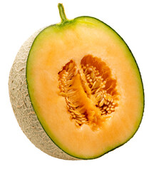 Cantaloupe melon cut in half on white background. Sweet Orange Melon isolate on white PNG File.