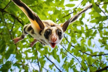 sugar glider gliding from tree to tree in the tropical forest