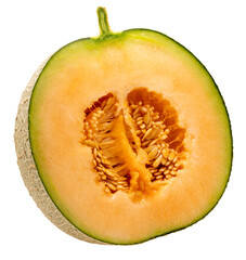 Cantaloupe melon cut in half on white background. Sweet Orange Melon isolate on white PNG File.