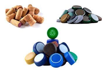 Collage of plastic and iron bottle caps, wine corks. Concept of environmental protection and waste separation. Recycling mark