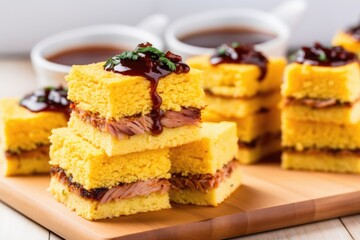 bbq cornbread cut and stacked like sandwiches