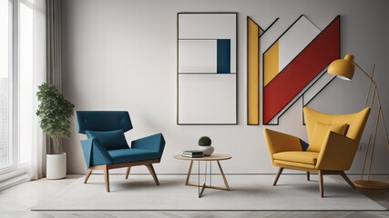 Suprematism style interior design of modern living room with armchair and wall with abstract geometric shapes