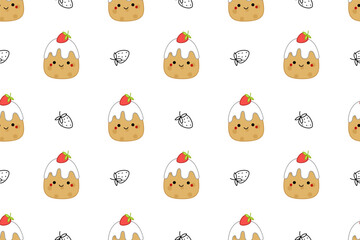Strawberry cakes on seamless pattern. Squishmallow. Cute cake. Kawaii, Vector