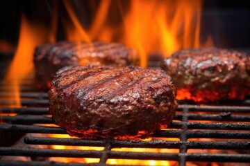 bbq burger patties on a flaming grill