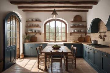 Traditional spanish interior design of kitchen with arched windows and door, wooden dining table and chairs  - obrazy, fototapety, plakaty