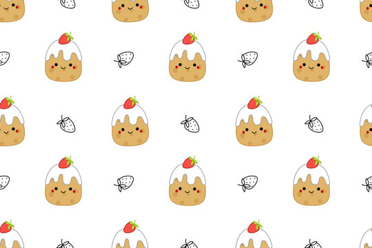 Strawberry cakes on seamless pattern. Squishmallow. Cute cake. Kawaii, Vector