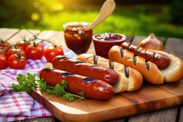bbq hotdogs with toasted buns on a picnic table - obrazy, fototapety, plakaty