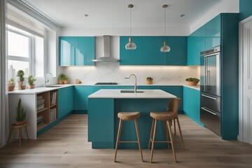 Fototapeta na wymiar Turquoise kitchen in studio apartment. Interior design of modern living room