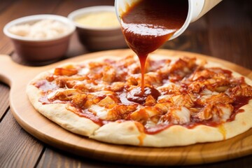 bbq sauce being spread on pizza dough