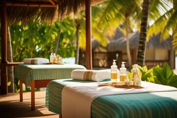 beach resort spa with massage table and aromatherapy oils