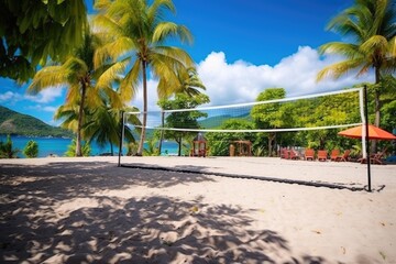 resort beach volley court with net and ball setup - obrazy, fototapety, plakaty