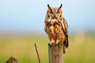 close-up of an owl perched on a fence post