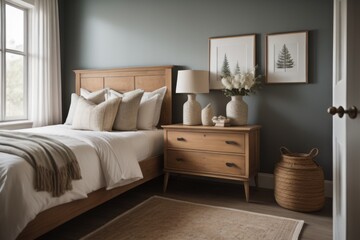 Vintage nightstand with vases near bed. Farmhouse style interior design of modern bedroom