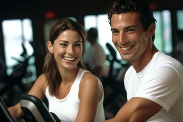 Fototapeta na wymiar Portrait of a fit man and woman working on exercise bikes at the gym. Healthy lifestyle