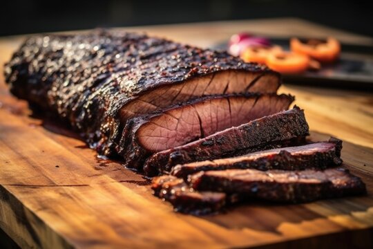 bbq brisket slices on a board with a burned edge