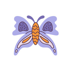 Colorful butterfly in doodle style. Cute hand drawn moth with textured wings. Wavy abstract insect shape with pastel purple colors. Vector illustration on white background