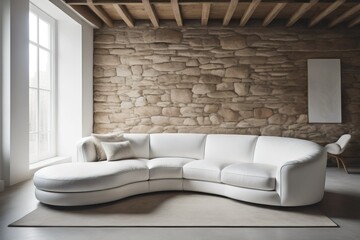 White curved sofa against wall with stone structure. Loft style home interior design of modern living room