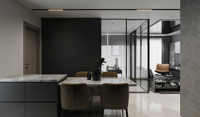 Overall view of Modern Interior From Kitchen side, 3D rendering