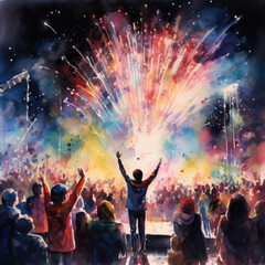 Fototapeta na wymiar A concert with a crowd and fireworks in the background, captured in watercolors with a bright and bold color palette, creating a glittery atmosphere. 