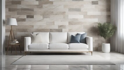 White sofa near stone cladding tiled wall with copy space. Minimalist country home interior design of modern living room