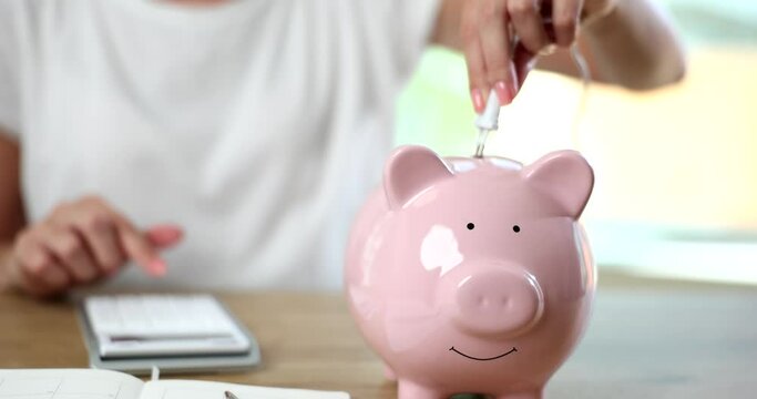 Person calculates energy efficient house or consumes electricity on piggy bank table. Electric plugs energy saving concept