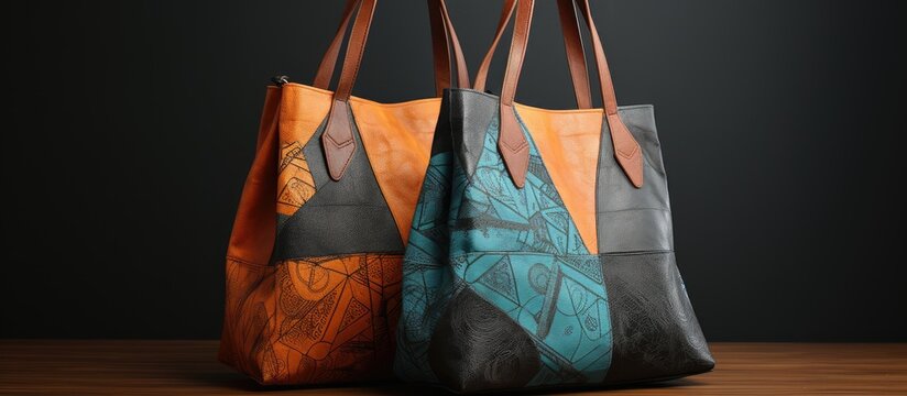 Create mockups of a batik painting with abstract design a 2 color triangular diagonal pattern with textured lines displayed on two shirts and a shopping bag for preview