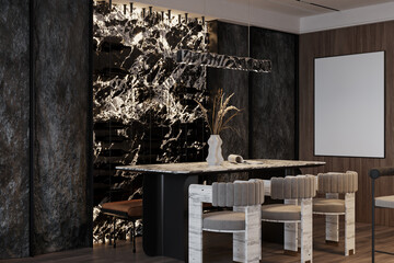 Black Stone Wall decor in front of dining table and white texturing Velvet Chair, 3D rendering