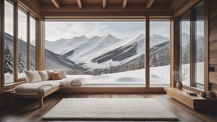 Wooden bench with beige pillows and blanket near panoramic grid window with stunning winter snow mountains view. Japanese style home interior design of modern living room in chalet 