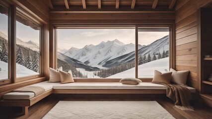 Wooden bench with beige pillows and blanket near panoramic grid window with stunning winter snow mountains view. Japanese style home interior design of modern living room in chalet 