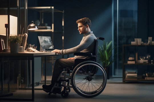 Businessman in wheelchair working on laptop in the office in the evening alone