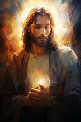 The inner light of Jesus Christ portrayed with a strong, dignified expression in a wall painting.
