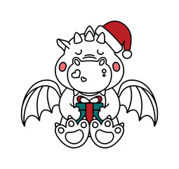 Cute New Year Dragon with Santa Clause Hat and Gift Box Symbol of 2024 Outline