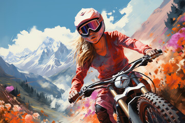 A dynamic image of an energetic woman donned in her helmet riding her bike. - obrazy, fototapety, plakaty
