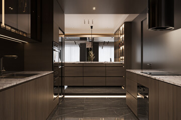 A view from an Open kitchen, 3D rendering - obrazy, fototapety, plakaty