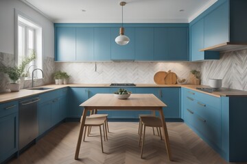 Wooden dining table against blue kitchen cabinets with wooden countertop near pastel blue...
