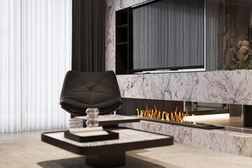 Eames Lounge Chair next to the fireplace and TV Cabinet, 3D rendering