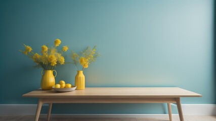 Wooden table with yellow vase with bouquet of field flowers near empty, blank turquoise wall. Home interior background with copy space - obrazy, fototapety, plakaty