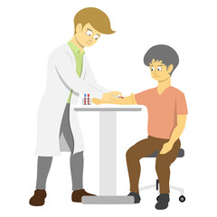 A physician is drawing blood from a patient. The blood sample will be sent to a laboratory for testing. The tests can be used to diagnose diseases, monitor treatment, or screen for blood donation.