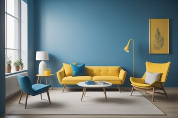 Yellow chair and blue coffee table against wall with copy space. Interior design of modern living room