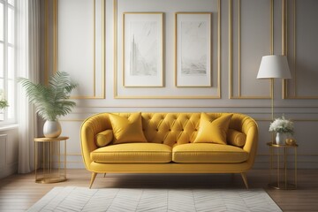 Yellow loveseat sofa in classic room. Art deco home interior design of modern living room
