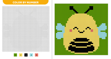 Cute bee squishmallow. Color by number. Pixel coloring book. Numbered squares. Game for kids