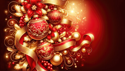 Red and gold christmas decoration on dark background. Generative ai.