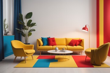 Fototapeta premium Yellow red lounge chair against multicolored decorative squares. Color block, suprematism style home interior design of modern living room